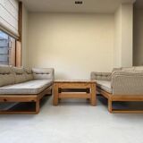 Two vintage Swedish sofas and a pine table