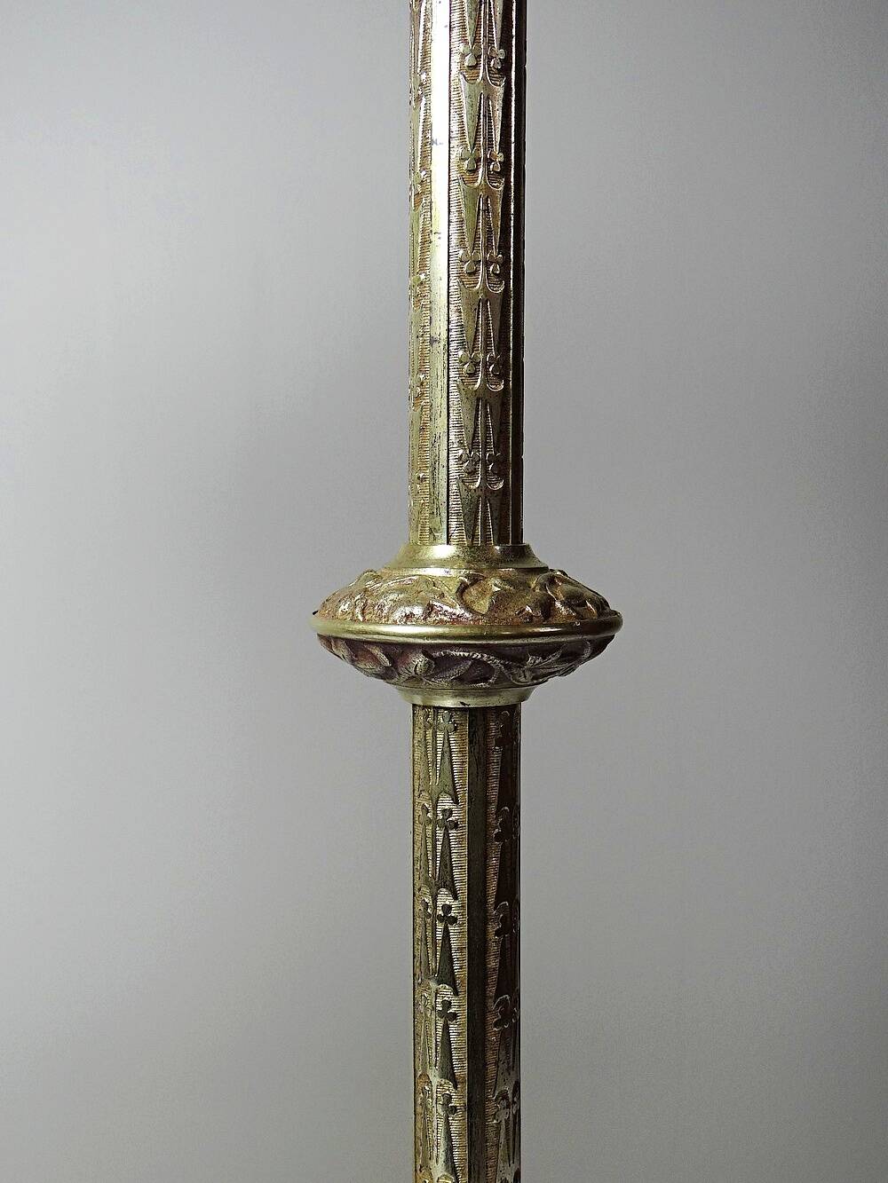 Large pair of antique gilded bronze candlesticks, Gothic style from the 19th century.