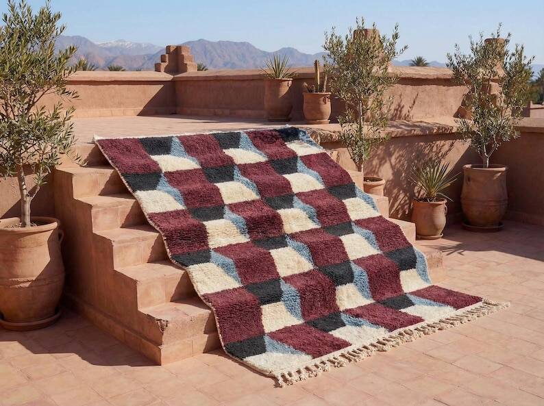 Traditional wool Berber rug with colourful patterns, size 150/250 cm.