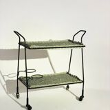 Vintage rolling table from 1960 - green rattan and black tubular metal