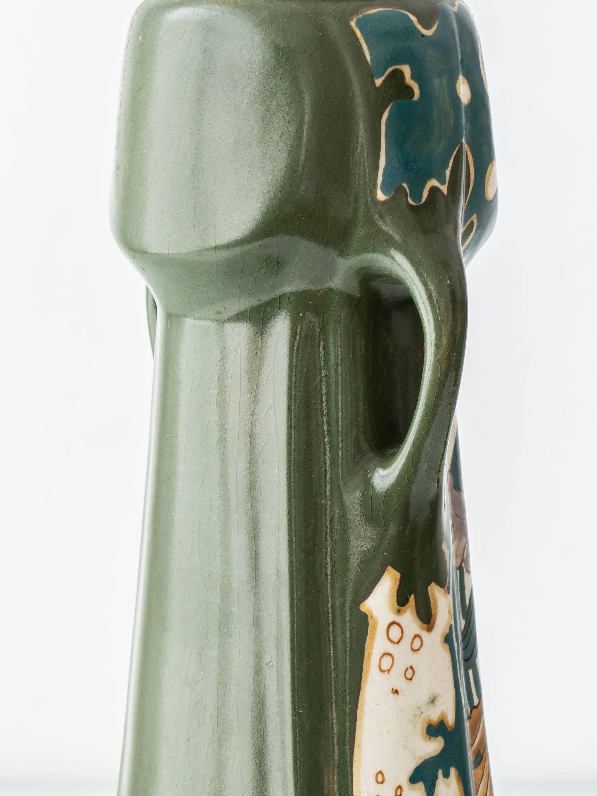 Pair of Dutch Art Nouveau Ceramic Table Lamps, circa 1915, with New Ochre Linen Shades