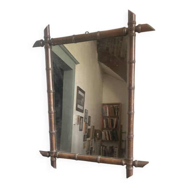 Grand miroir de barbier années 40/50 en bois tourné type bambou
