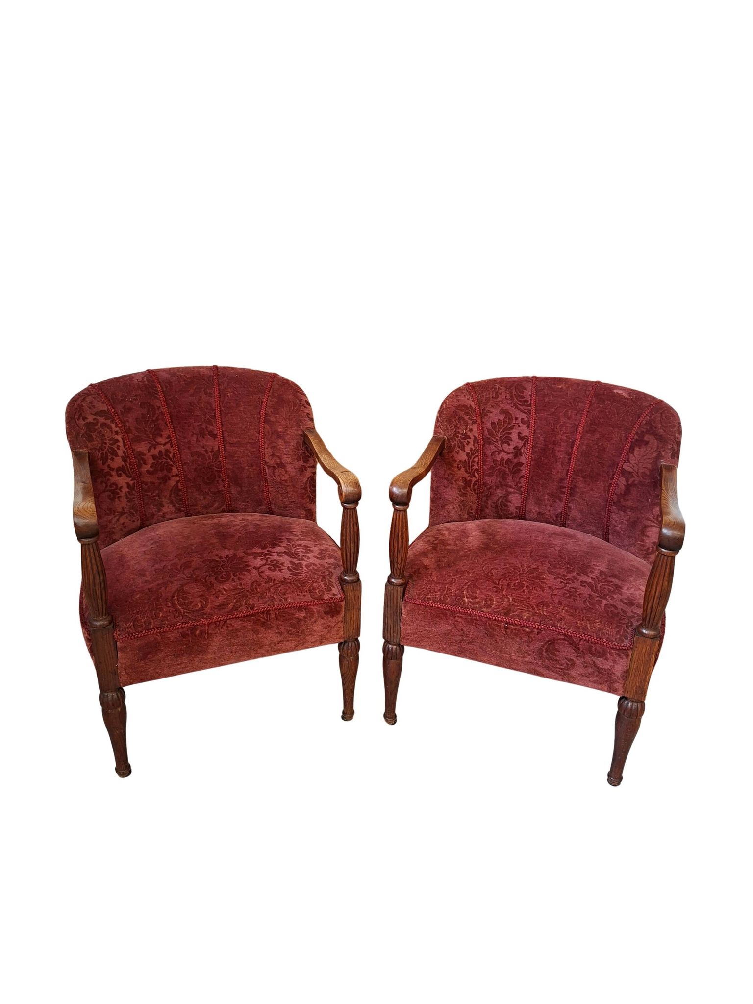Elegante Coppia di Poltrone Vintage Anni '60 in Rovere e Velluto Damascato