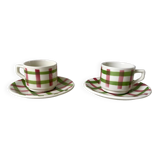 Duo of coffee cups and sub-cups Scottish / Vichy pattern 50s
