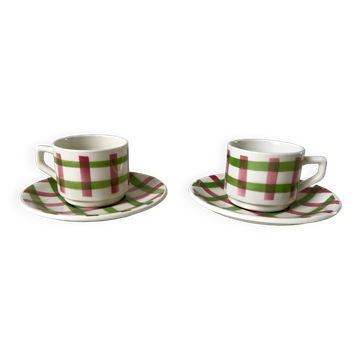 Duo de tasses et sous-tasses à café motif écossais / vichy années 50