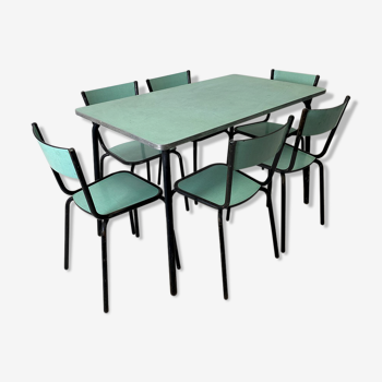 Set table and 6 chairs in vintage green formica 60's