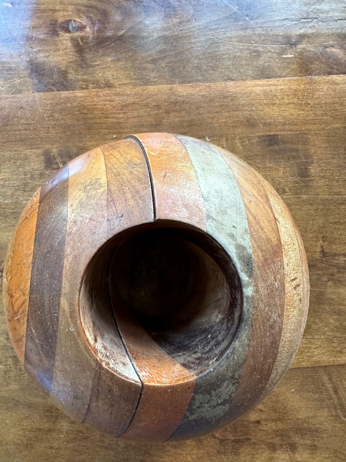 Large round wooden candle holder inlaid