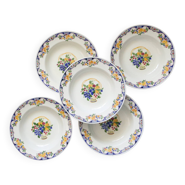 Set de 5 assiettes creuses Boch, service Fructidor, vintage