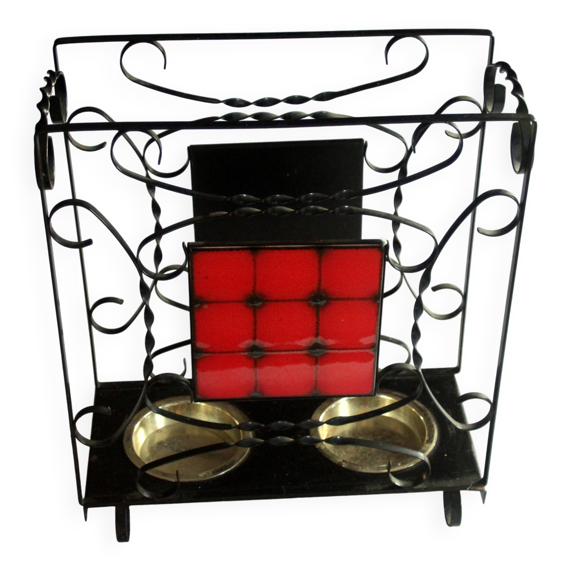 Handmade umbrella stand made of wrought iron, metal and ceramic, Vintage