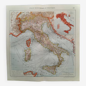 Une carte géographique issue atlas quillet année 1925 :carte économique politique italie