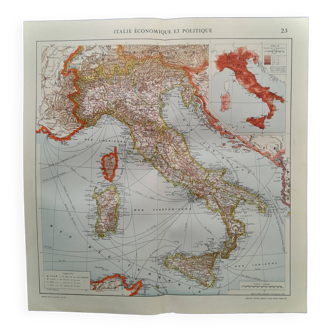 A geographical map from atlas quillet year 1925: political economic map italy