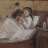 Watercolor on paper of a young girl lying on a bed, late 19th century