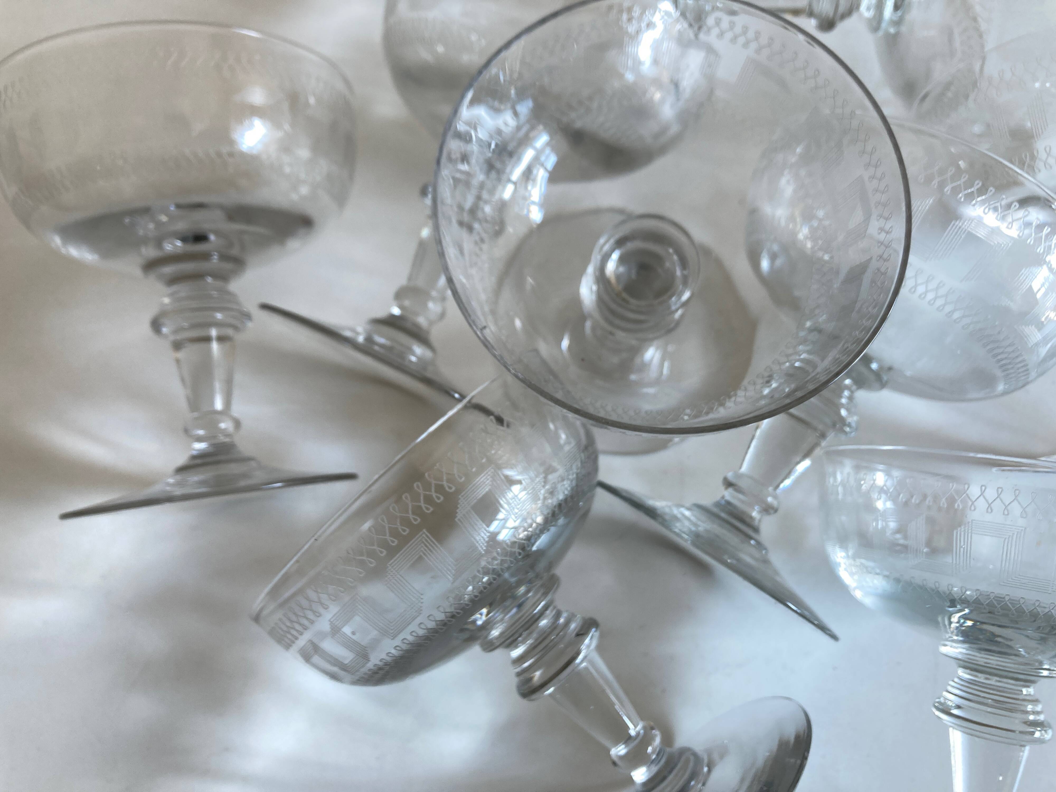 set of 8 neo classic engraved half crystal champagne glasses 1900
