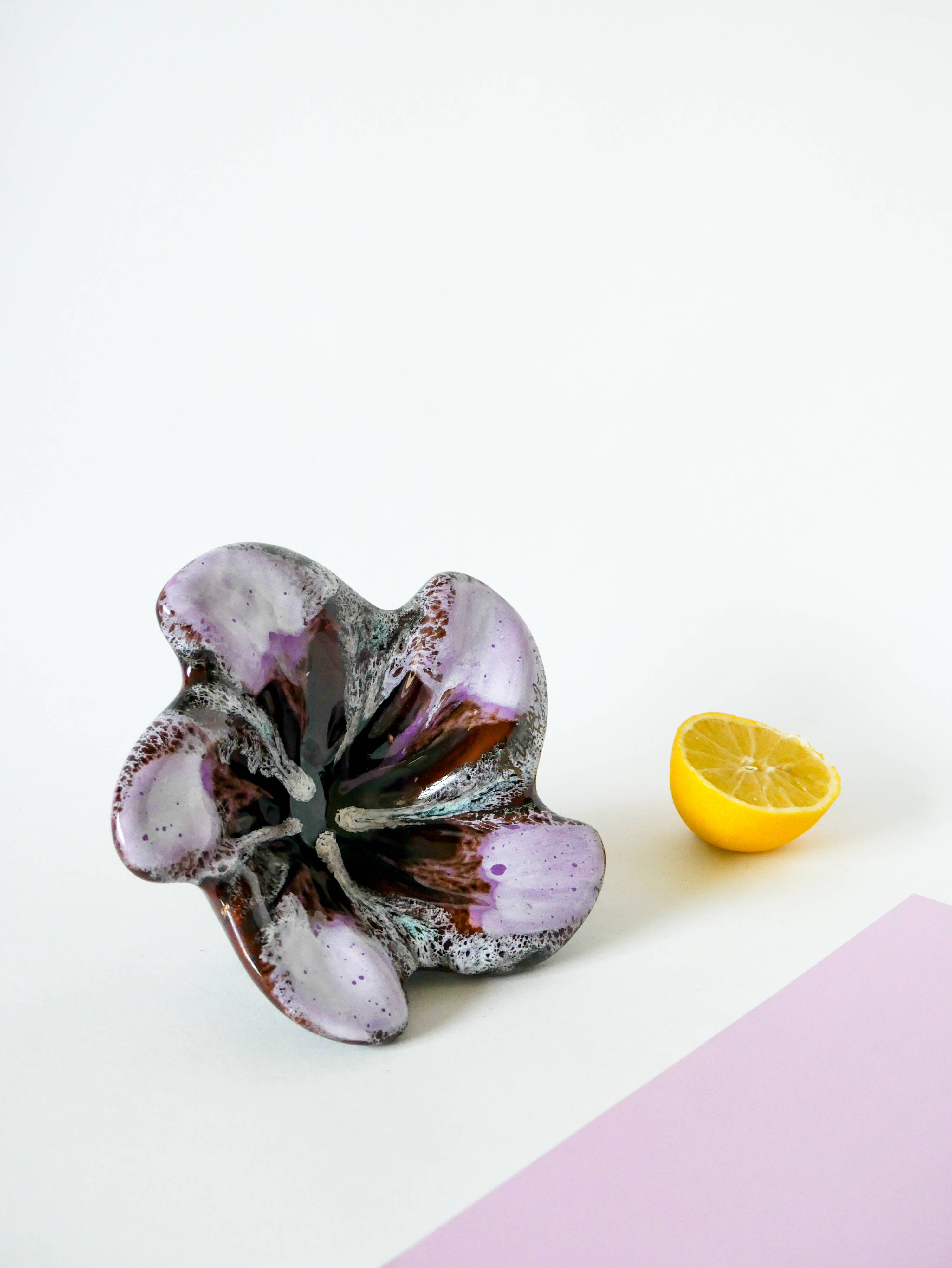 Purple lilac and brown star ceramic pocket tray / cup 1970