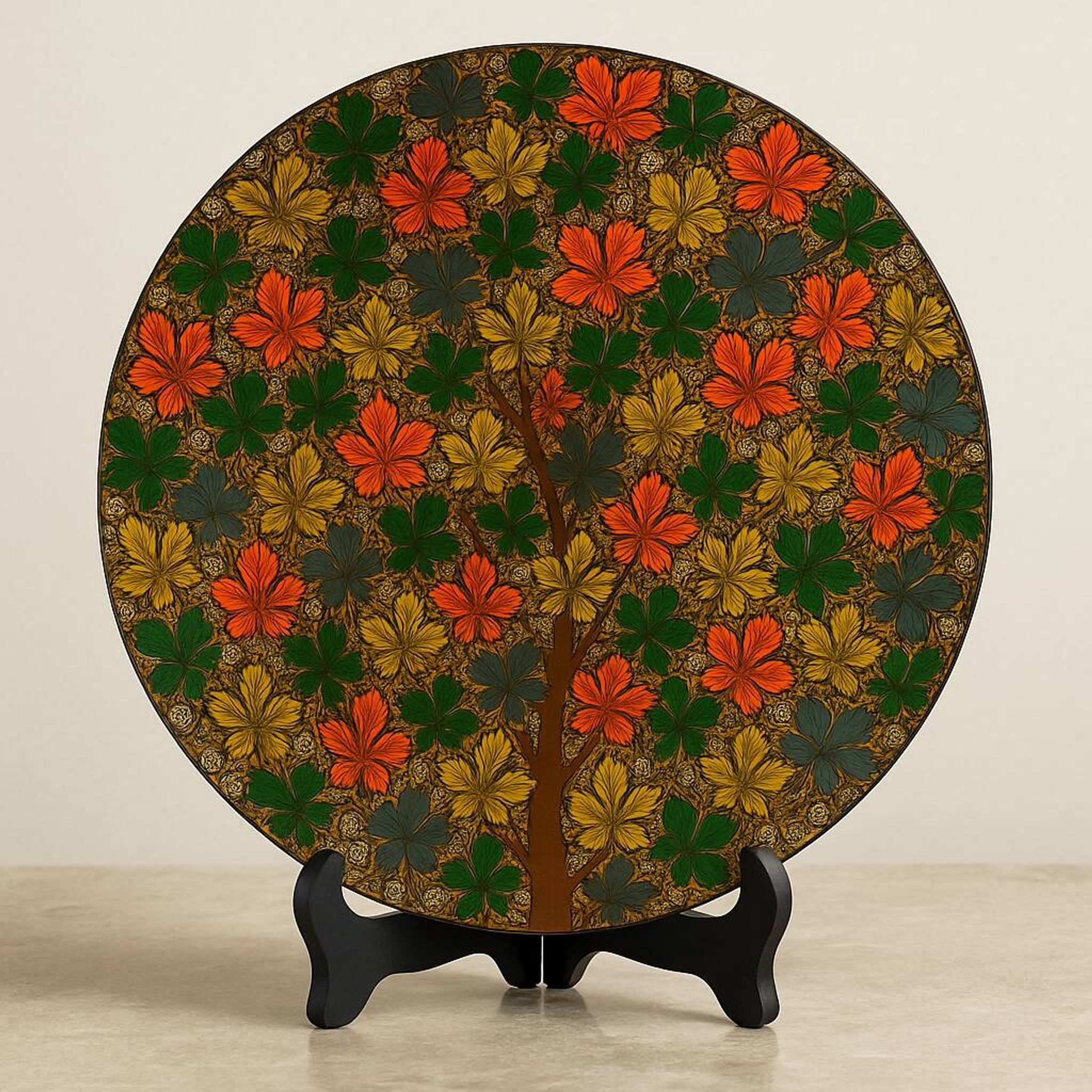 Grande assiette en papier mâché feuilles de chinar cachemire