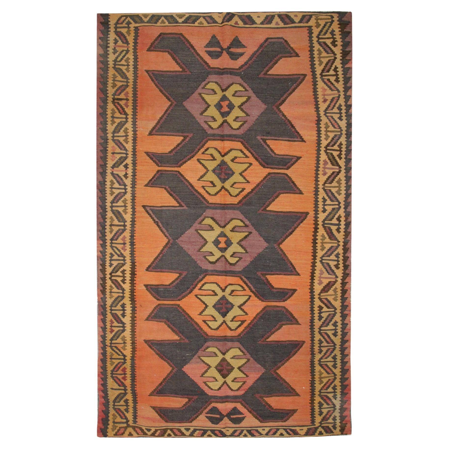 Rug & Kilim Rust Geometric Runner, Handmade Tribal Wool Flatweave, Boho Hallway Rug