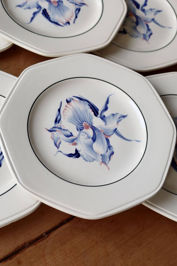 6 assiettes à dessert vintage faïence forme octogonale Moulin des Loups