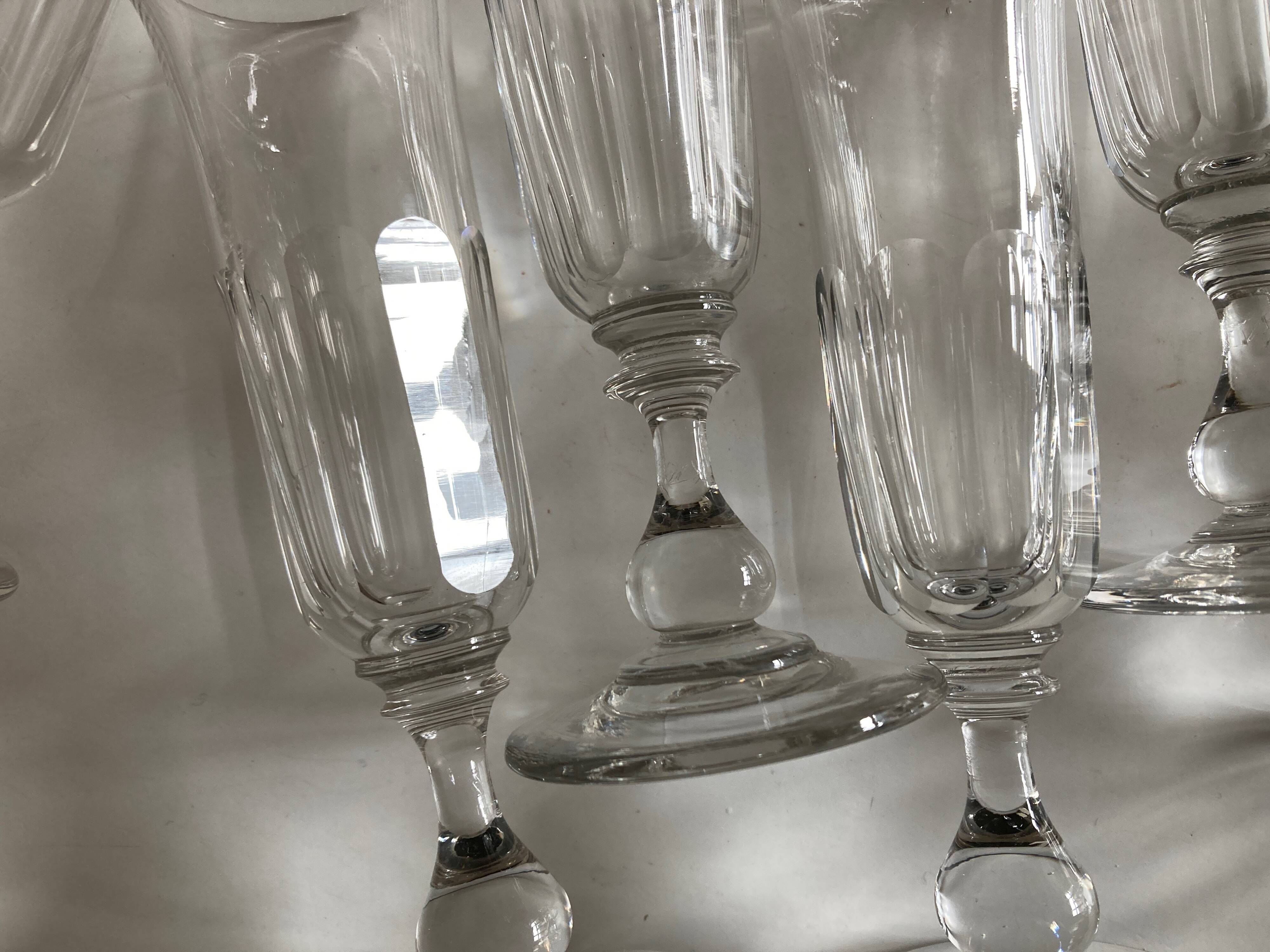 Set of 9 Louis Philippe tulip champagne flutes with flat sides mid 19th