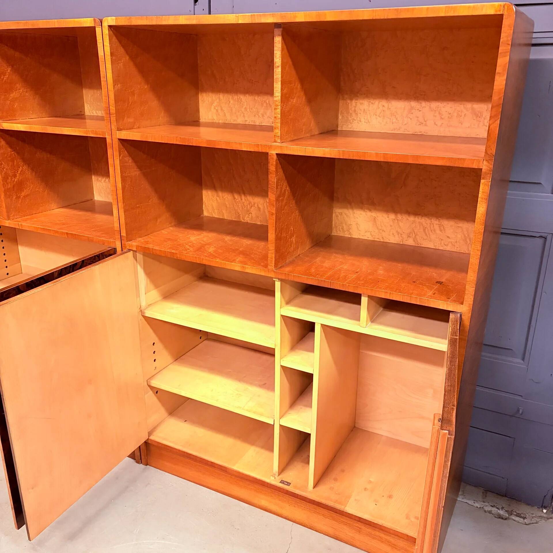 Art Deco bookcases, 1930s, walnut and maple veneer