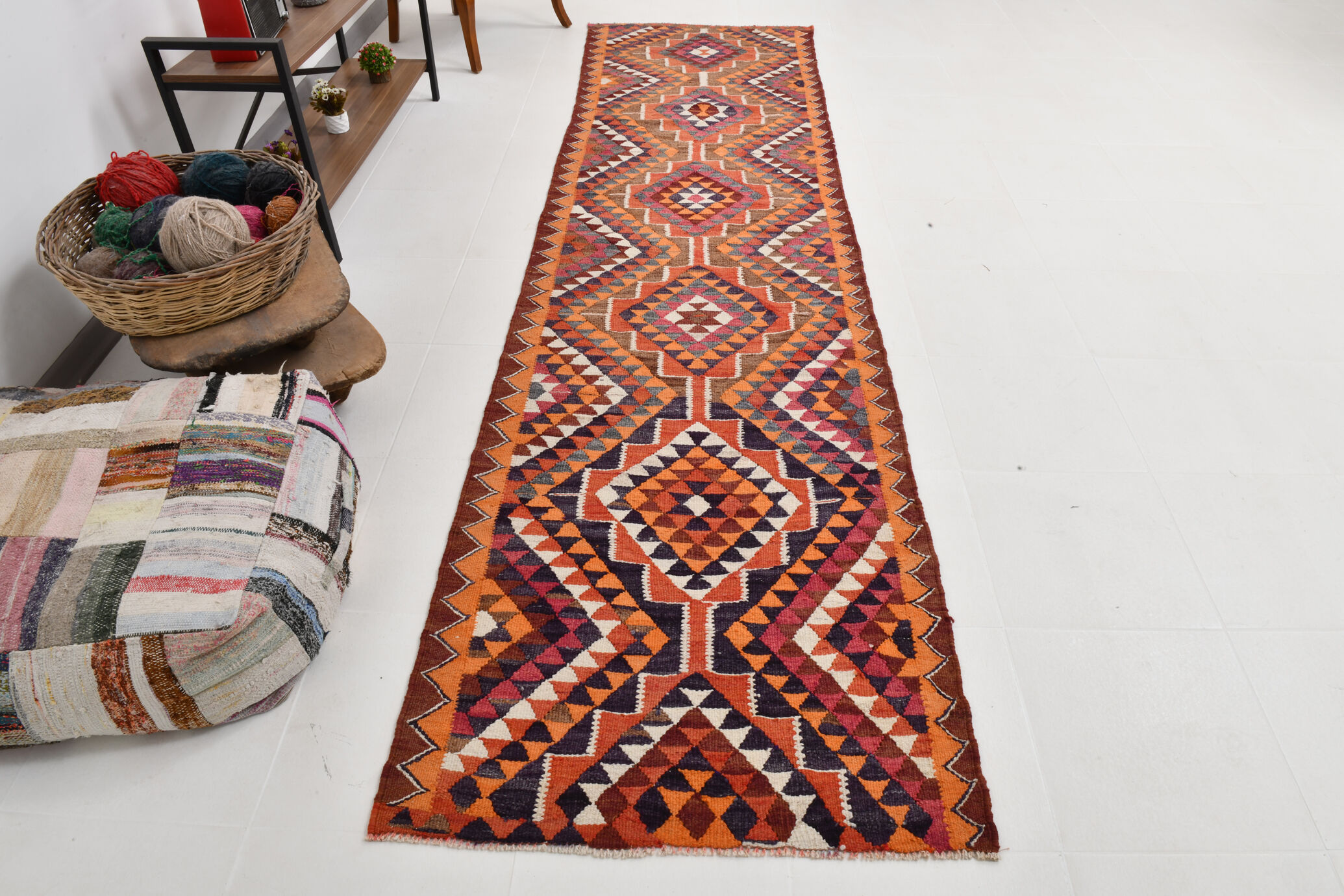 Bold multicolor kilim runner rug,92x395cm
