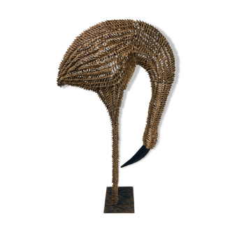 1960s bamboo rattan wicker crane flamingo bird lamp, USA