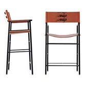 Tabourets de bar contemporain c. dossier cuir marron naturel et caoutchouc noir métal