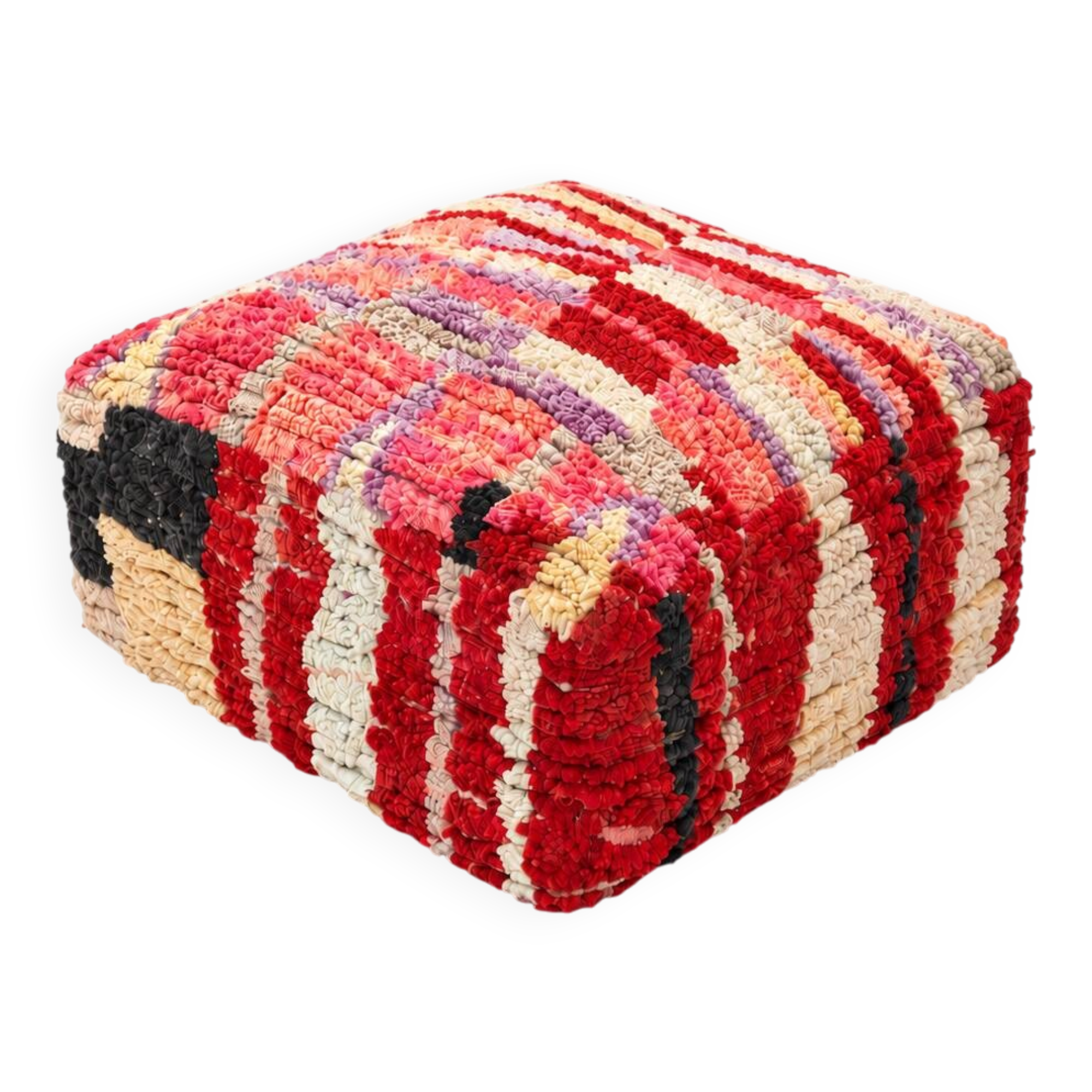 Vintage Moroccan pouf in multicoloured handmade wool.