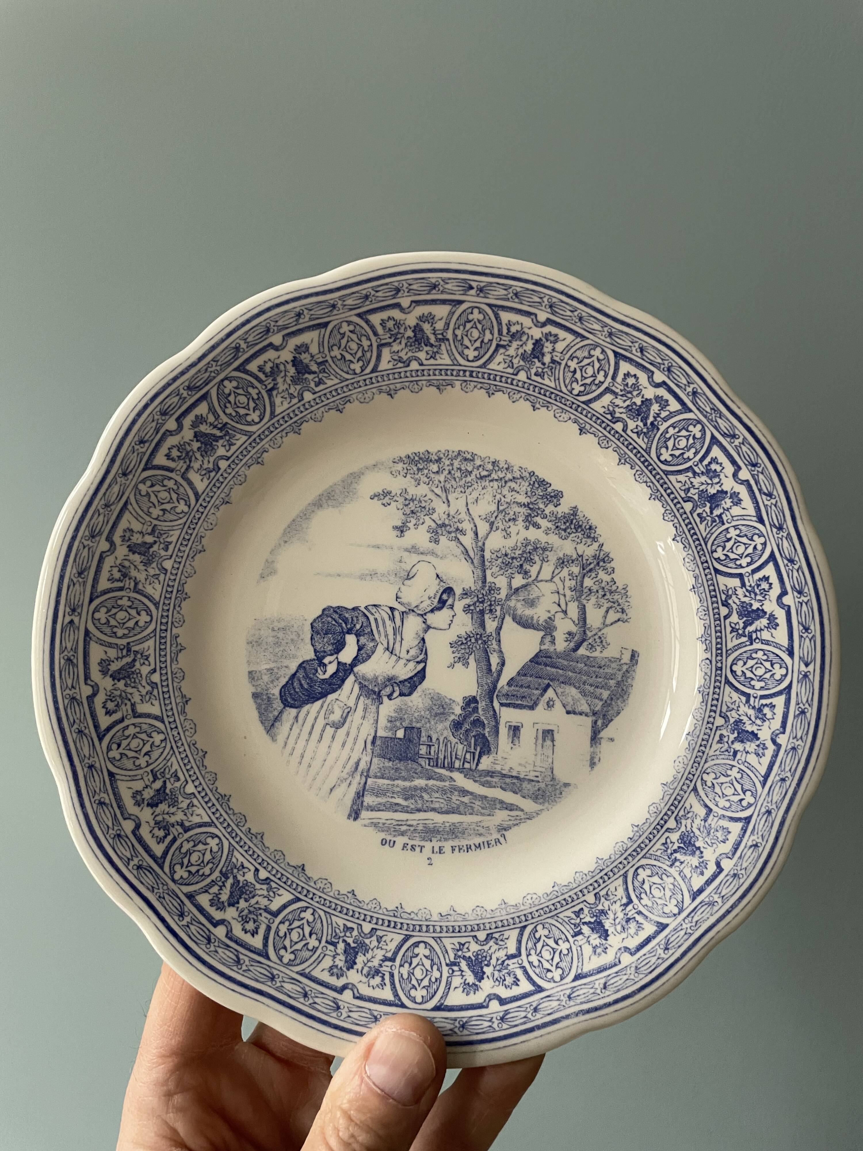 Complete set of 12 talking plates in Gien earthenware