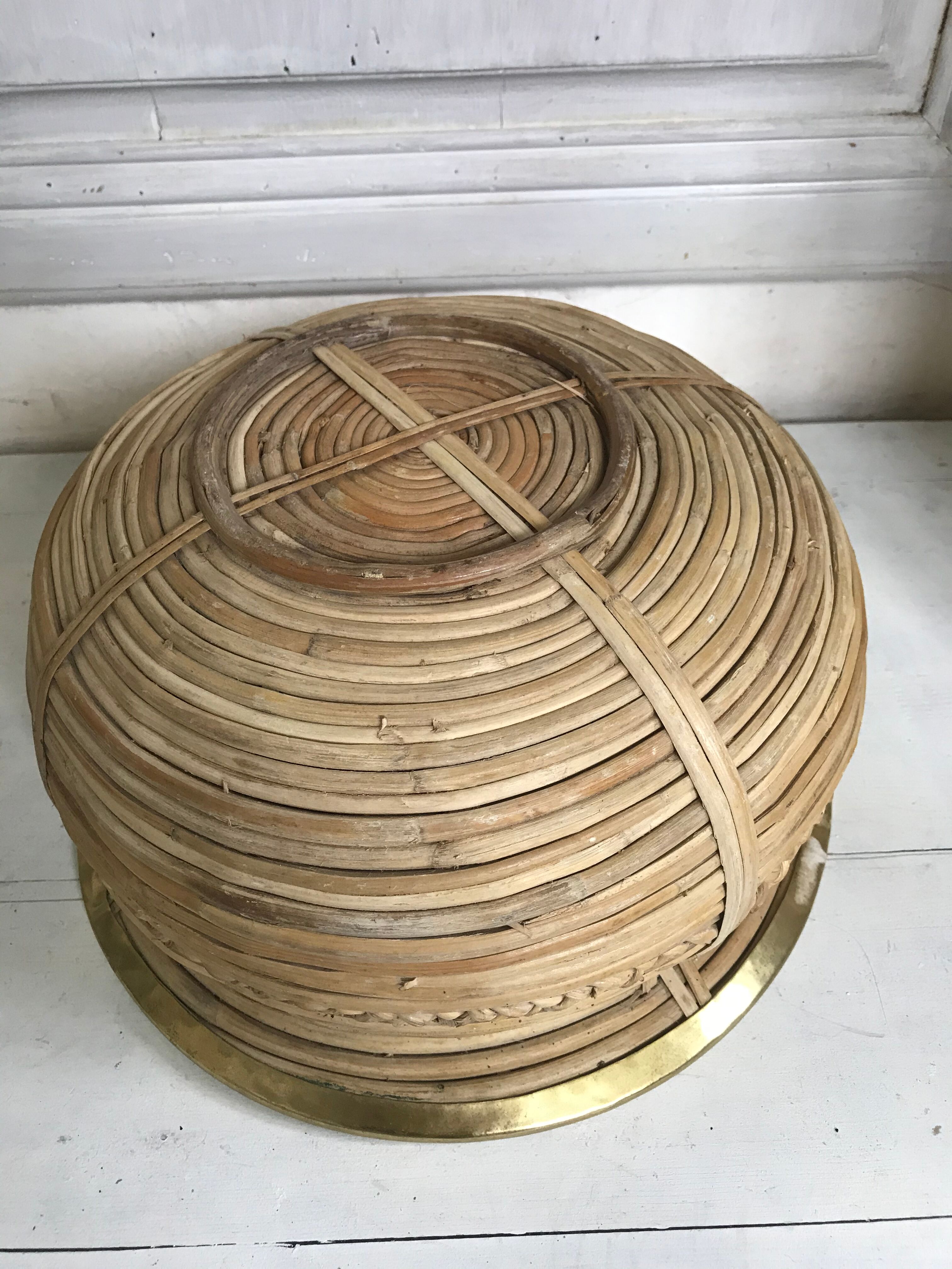 Rattan and vintage brass pot cover