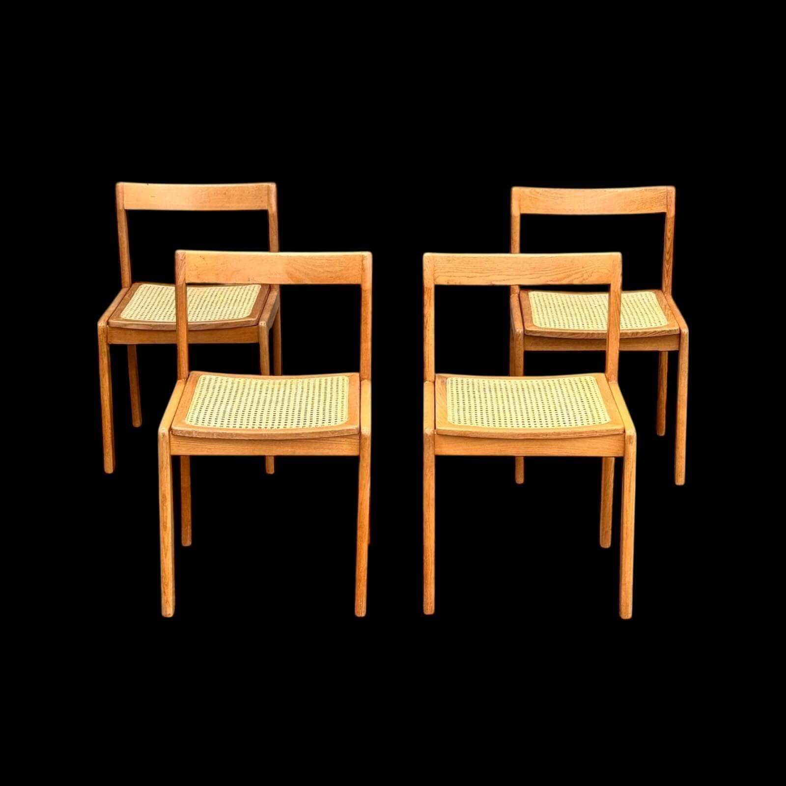 Set of 4 vintage chairs in solid ash and cane