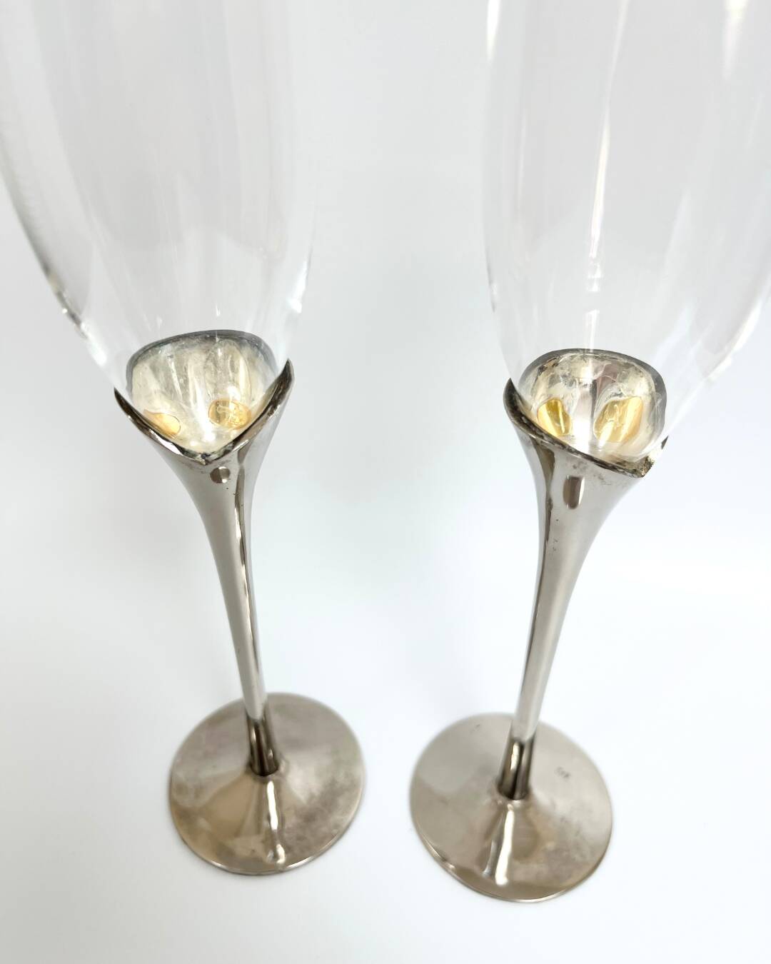 Pair of vintage silver-plated champagne flutes with glass – France, year