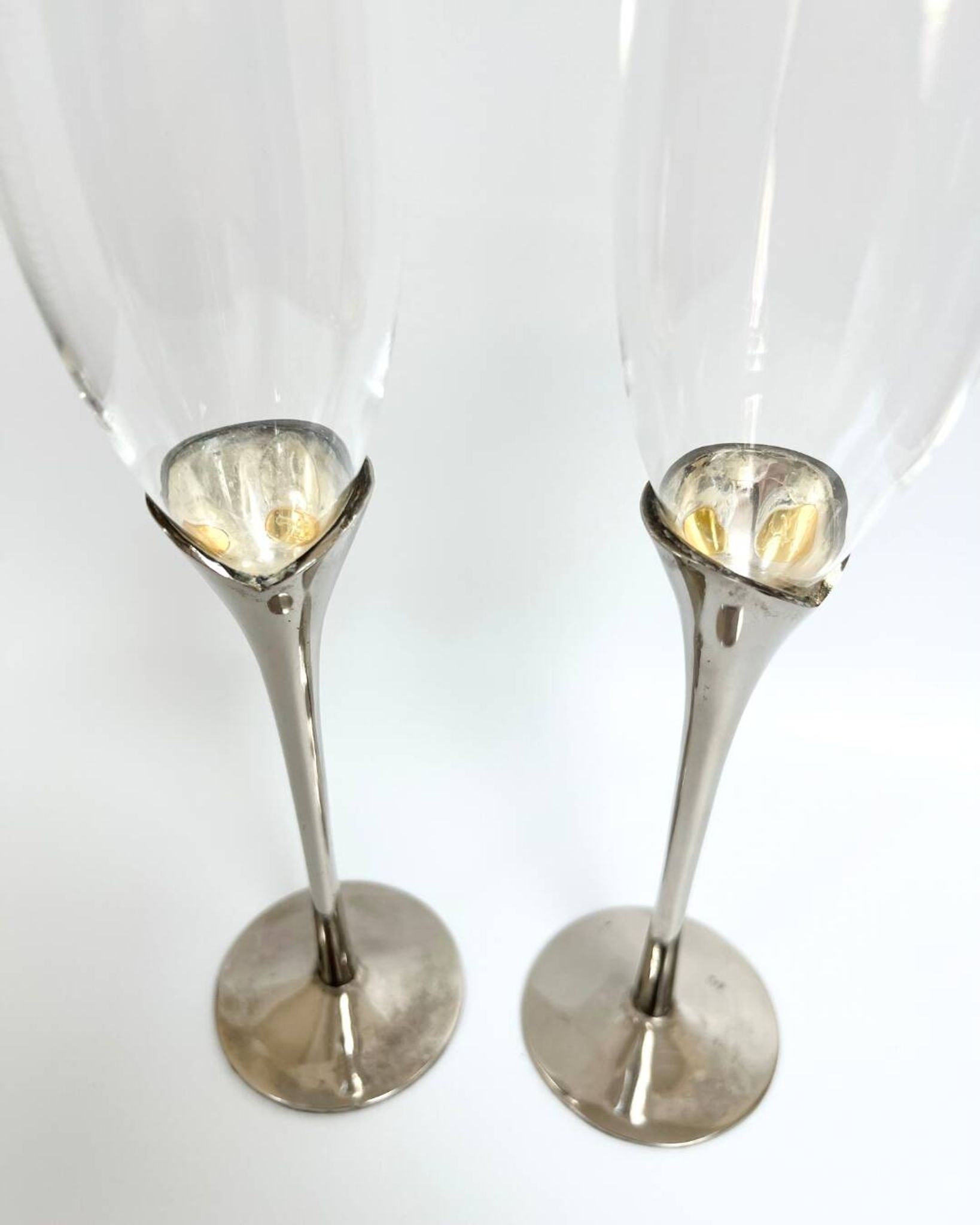 Pair of vintage silver-plated champagne flutes with glass – France, year