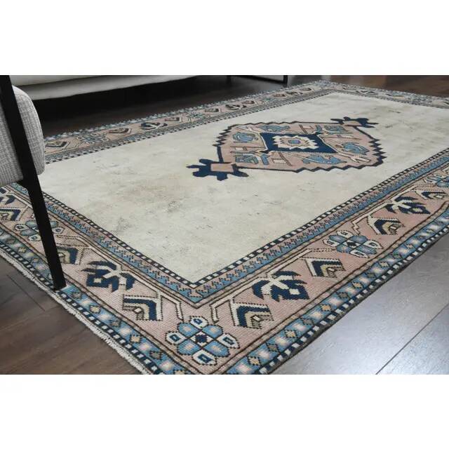 1970s Vintage Turkish Handmade Wool & Cotton Beige Area Rug 158x246