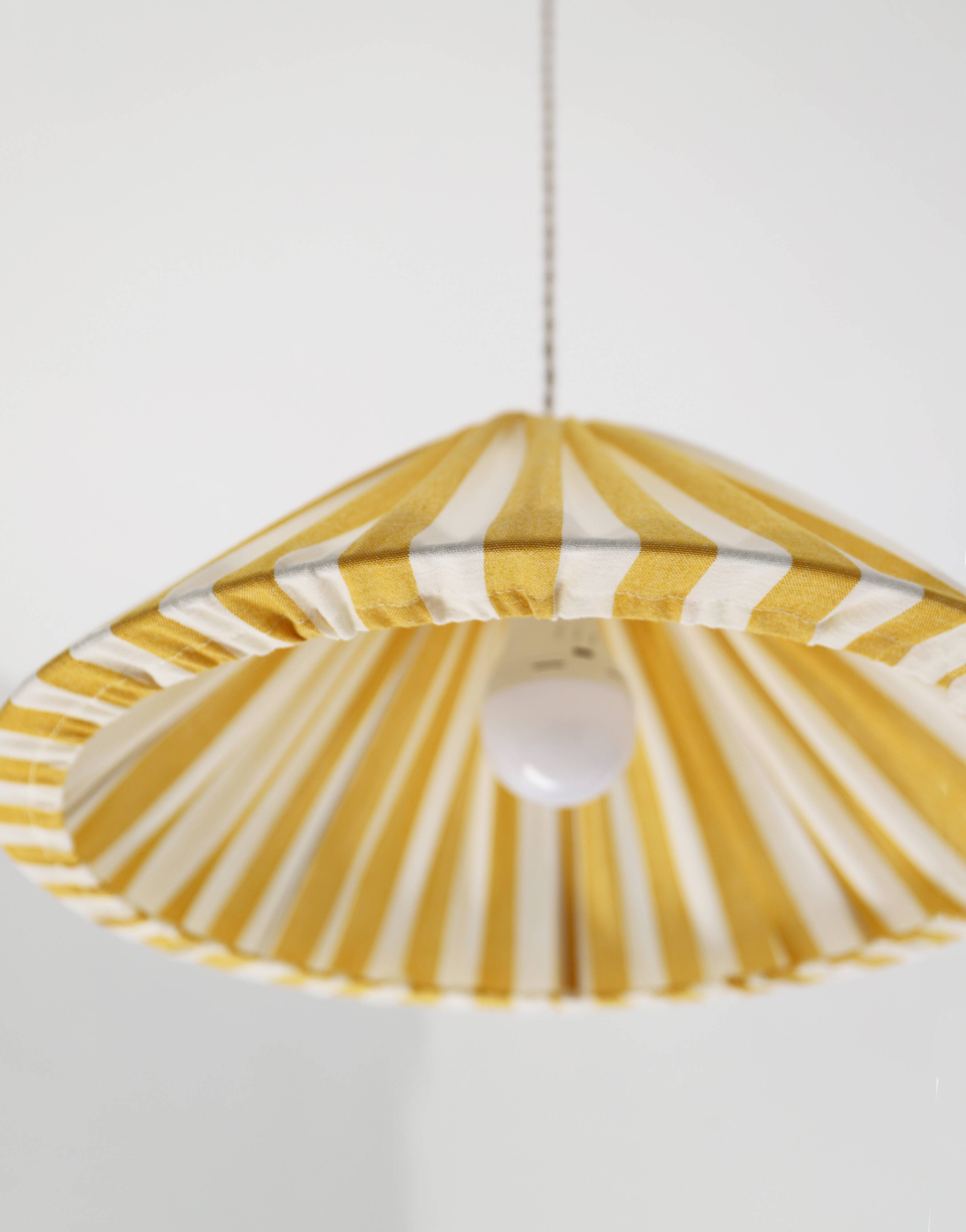 "Malala striped off-white and lemon yellow" conical shaped striped pendant light