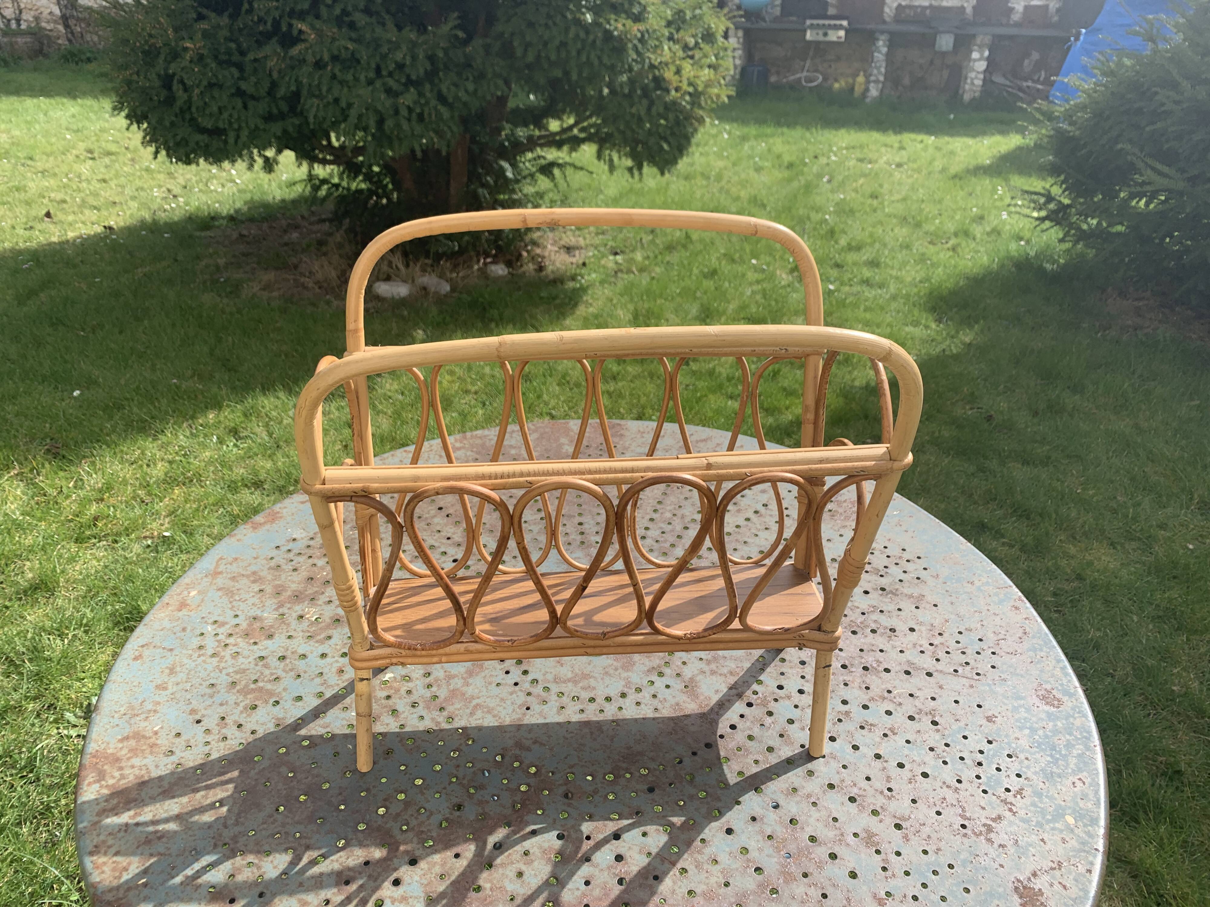 Vintage bamboo and rattan magazine holder 1960