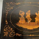 Sorrento marquetry box with a scene of three dancers in a medallion.