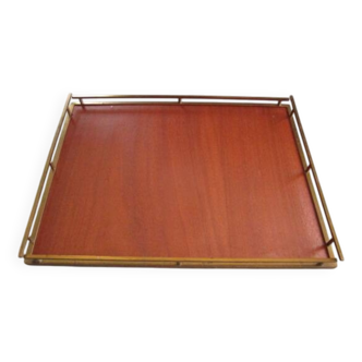 Grand plateau de service ancien en bois et laiton