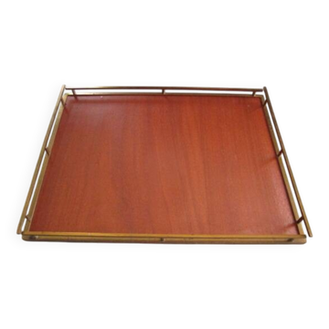 Large antique serving tray in wood and brass
