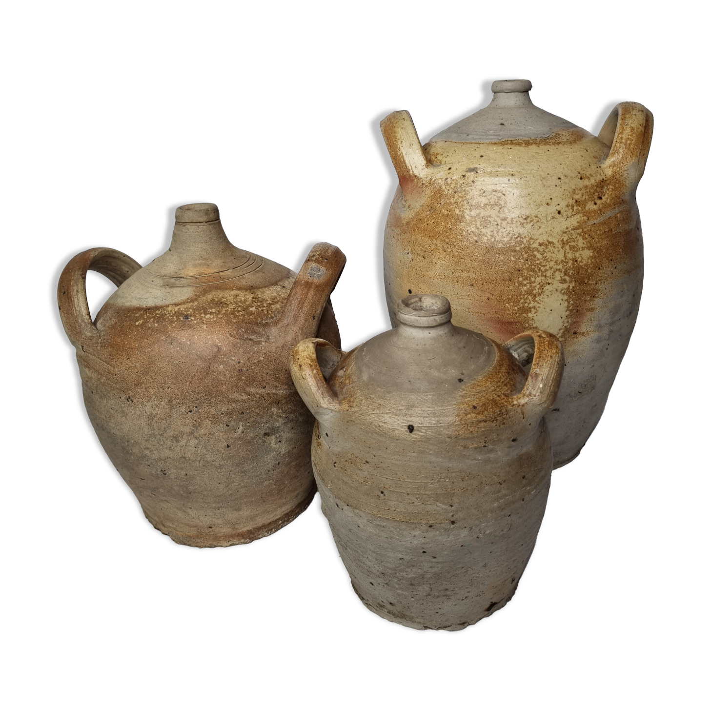 Set of three ancient ladies-jeannes in enamelled terracotta