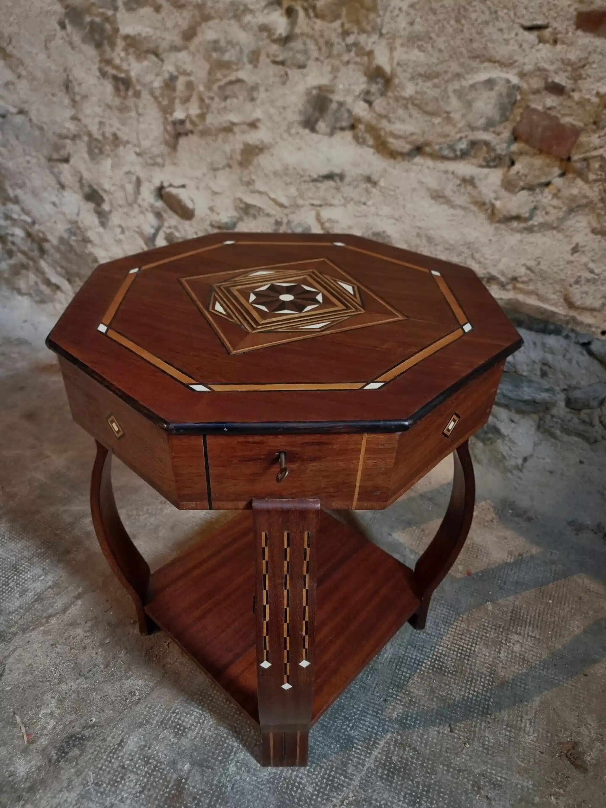 Table d'appoint incrustée, table à couture, bois d'acajou, table de rangement Art déco