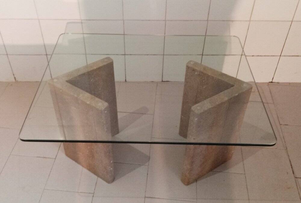 Coffee table with travertine base and glass top, 1980s