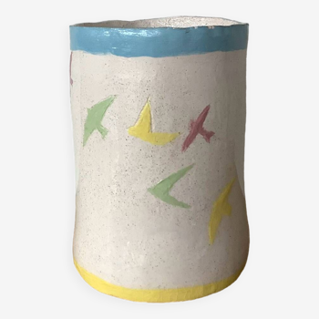 Signed pot with pastel swallows
