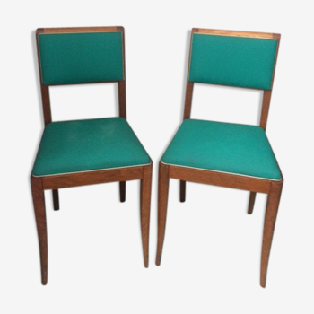 Paire de chaises en skai vert menthe et structure bois, vintage des années 50