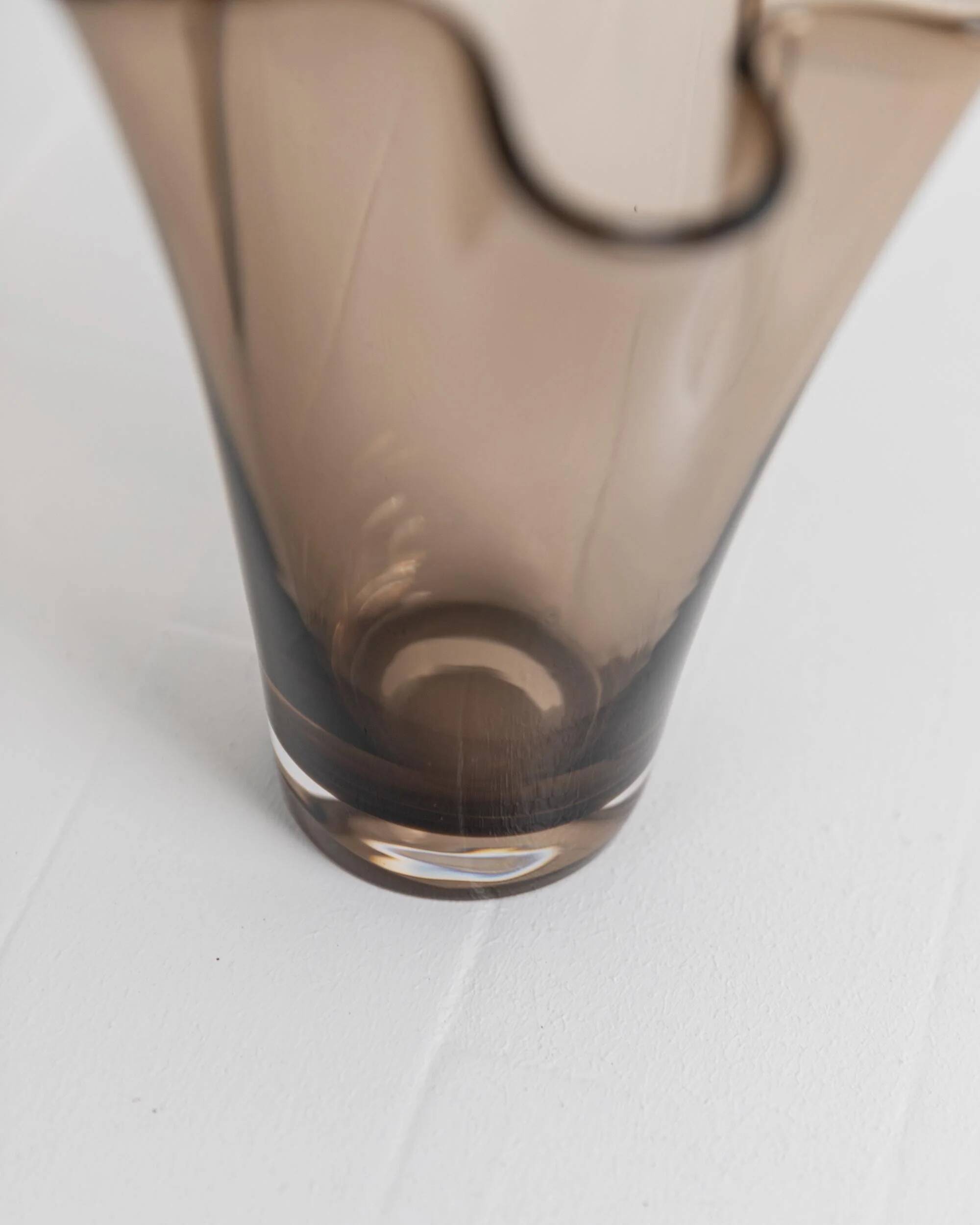 Vintage Murano glass vase from the 1980s, smoky brown, organically wavy shape.