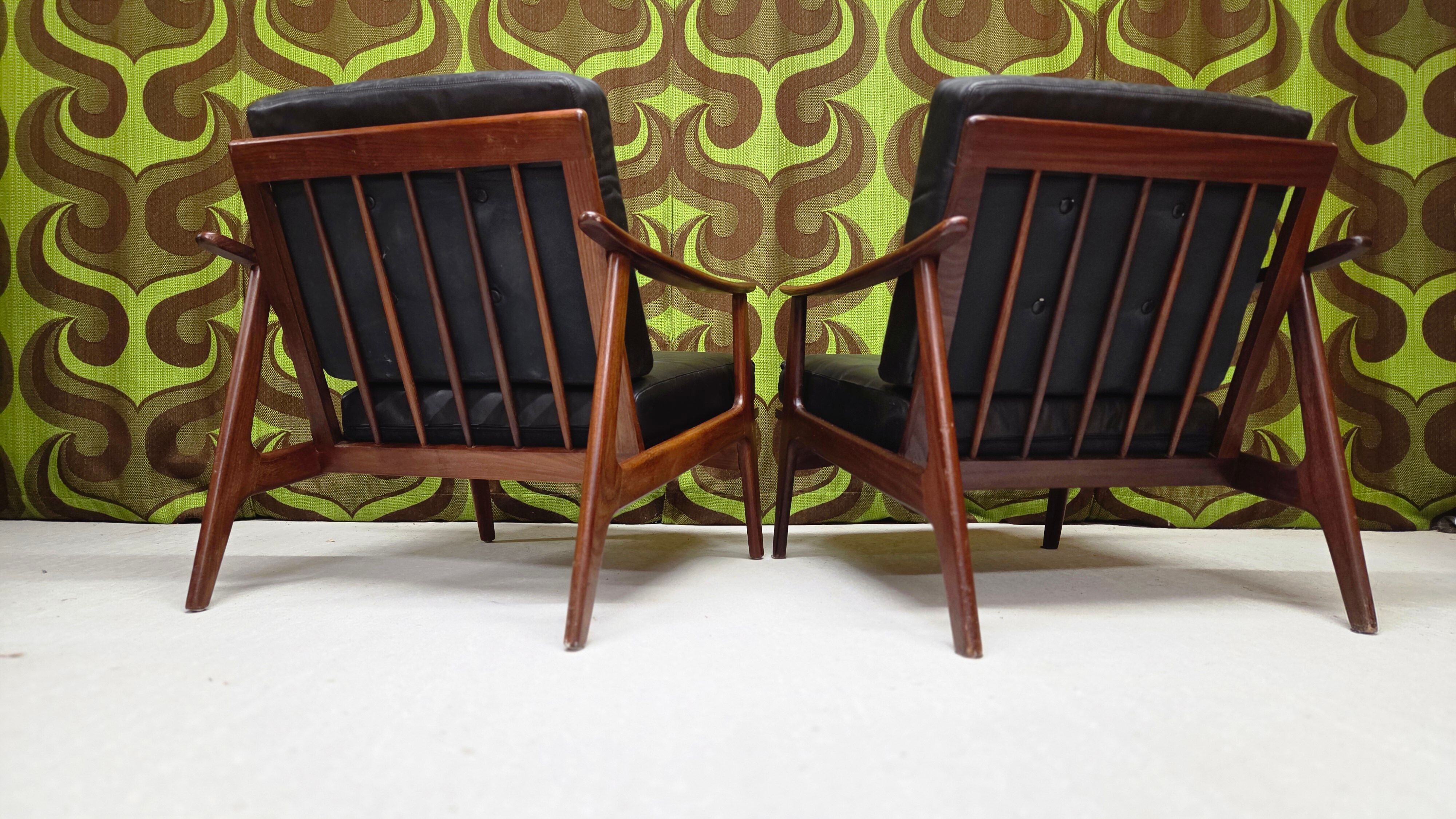 Pair of Scandinavian teak leather armchairs