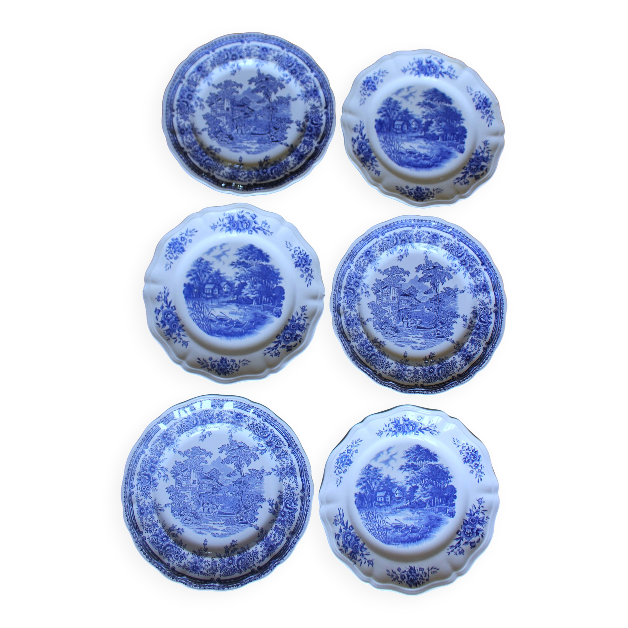 6 romantic blue Lunéville Sarreguemines dinner plates