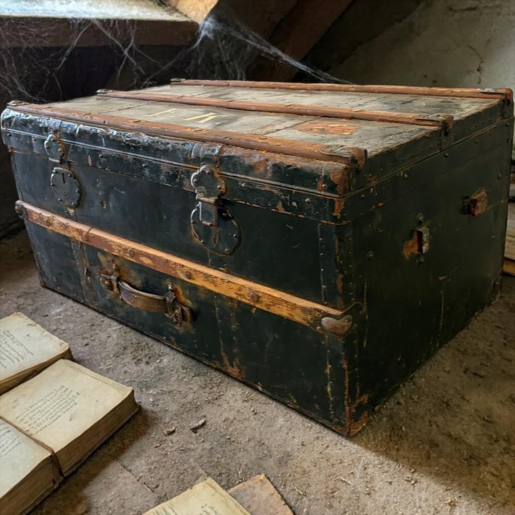 XL vintage green metal industrial trunk / travel trunk