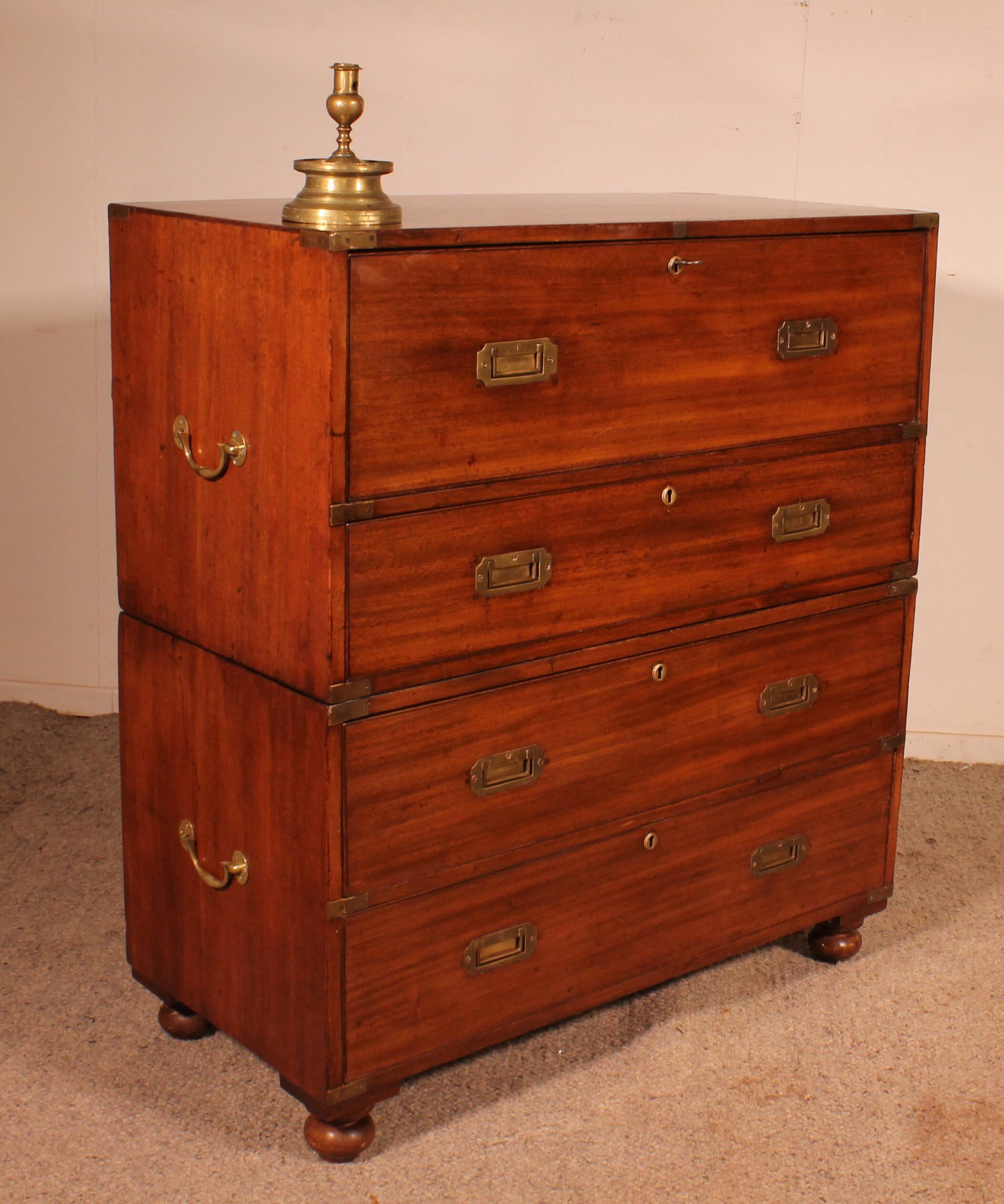 Military or Naval Chest of Drawers in Blond Mahogany with Secretary - 19th Century