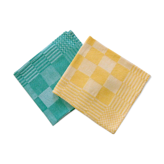 2 old yellow and green damask napkins