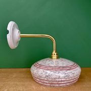 Vintage angled wall lamp with white clichy glass shade and red edging